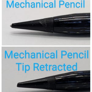 May include: A black mechanical pencil with a silver tip. The tip is extended in the top image and retracted in the bottom image. The pencil has a black and silver striped pattern.