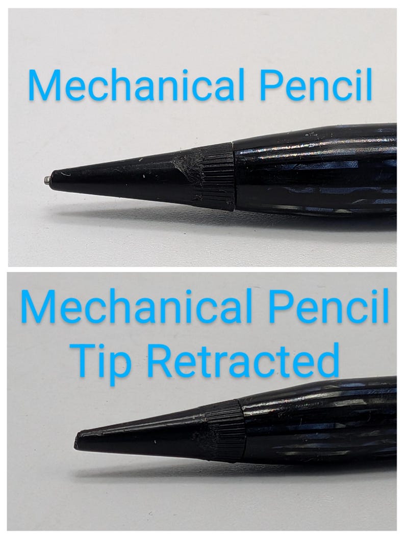 May include: A black mechanical pencil with a silver tip. The tip is extended in the top image and retracted in the bottom image. The pencil has a black and silver striped pattern.