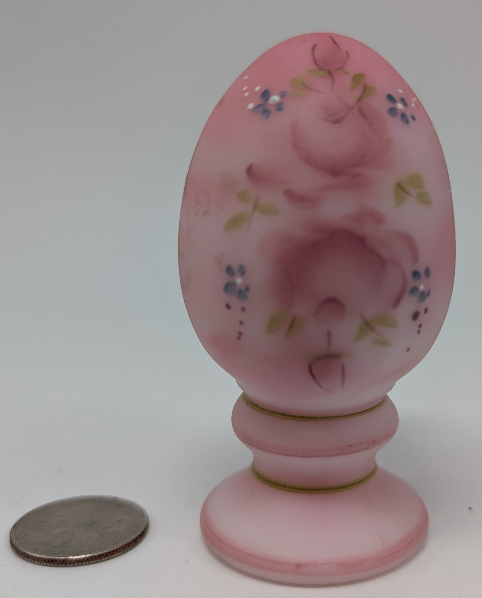 Fenton Art Glass Pink Satin Rosalene Pedestal Egg, Hand Painted