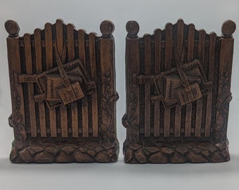 Ornawood Garden Picket Fence Gate Bookends with Books, Ruler, Slate and Book Strap – Circa 1940s-1950s