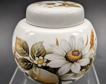 May include: A white ceramic jar with a lid, adorned with a floral design featuring large white daisies, green leaves, and yellow accents. The jar has a rounded shape and is likely used for storage or decoration.