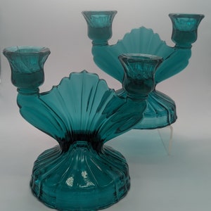 Jeannette Ultramarine Swirl Double Light Candlesticks – Pair – Depression Glass, Circa 1937-1938 – Made in USA