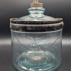 The Cleveland Foundry Co. Glass Kerosene Container With Metal Ring, Wire Bail Handle, Spring Fill Cap -  Antique - Kitchen Primitive