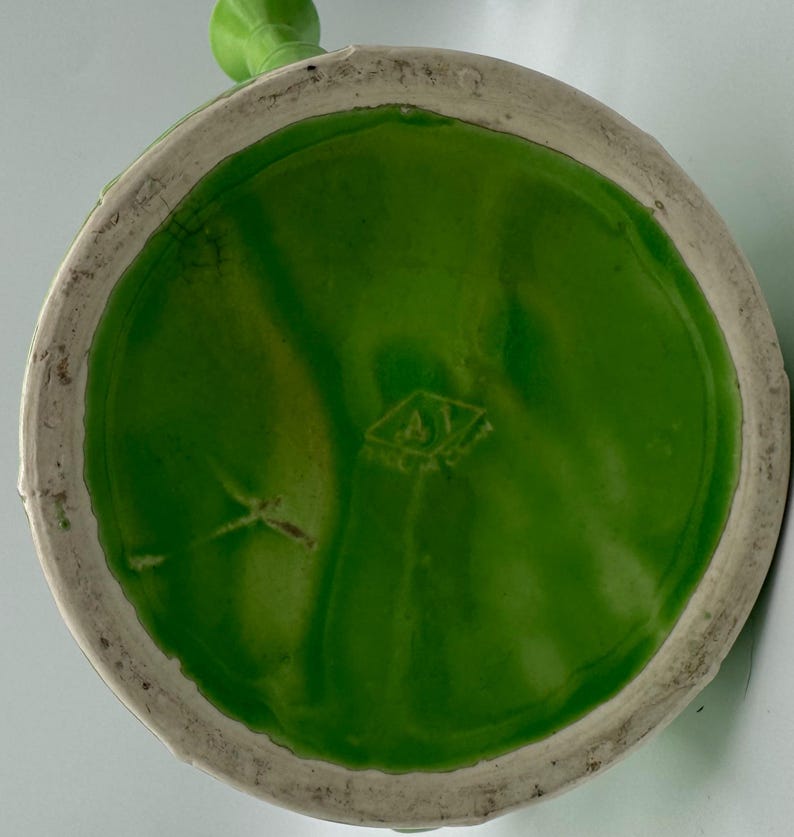 Vintage Porcelain Watering Can Green Bamboo With Flowers Made in Japan