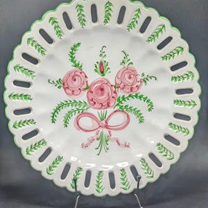 Vitoria By Porta Portugal Hand Painted Pink Rose Plate, Pierced and Scalloped Edge