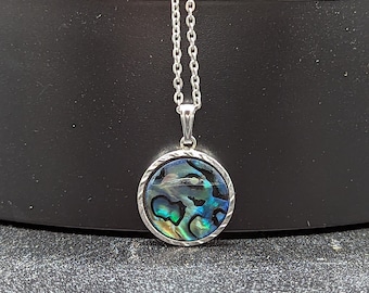 Abalone Shell Pendant, Silver Metal Chain Necklace - Estate Jewelry