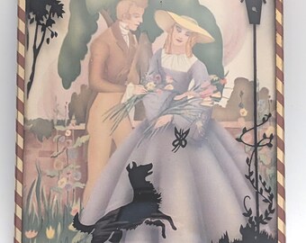 Reverse Painted Silhouette – Convex Glass, Metal Frame – Courting Couple – American Folk Art, Made in USA, Circa 1920s-1950s