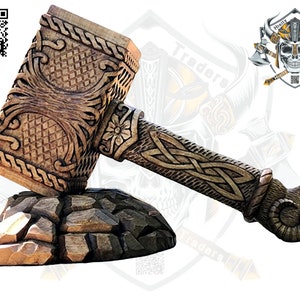 Handmade Wooden Goat Face Carved Ragnar Mjolnir, Thor's Hammer, Nordic God, Asatru, Thor Hammer Cosplay Thunder Hammer Gift For Him, Hatchet Tree