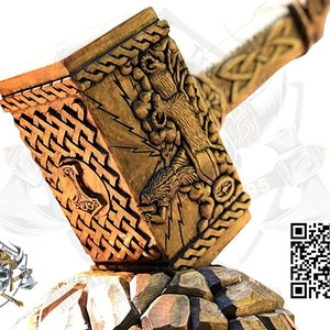 Handmade Wooden Goat Face Carved Ragnar Mjolnir, Thor's Hammer, Nordic God, Asatru, Thor Hammer Cosplay Thunder Hammer Gift For Him, Hatchet imagem 4