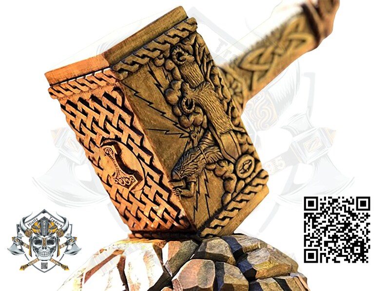 Cara de cabra de madera hecha a mano tallada Ragnar Mjolnir, Martillo de Thor, Dios nórdico, Asatru, Thor Hammer Cosplay Thunder Hammer Regalo para él, Hacha imagen 4