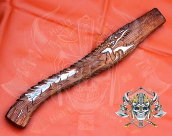Hiolty- 2006 Mango de hacha de caza/camping estilo vikingo hecho a mano con cabeza de animal tallada y mango de madera de nogal, tomahawk estilo barba vikinga