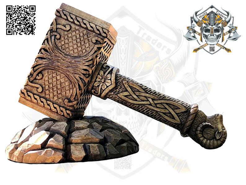 Cara de cabra de madera hecha a mano tallada Ragnar Mjolnir, Martillo de Thor, Dios nórdico, Asatru, Thor Hammer Cosplay Thunder Hammer Regalo para él, Hacha imagen 9