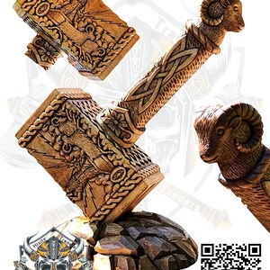 Handmade Wooden Goat Face Carved Ragnar Mjolnir, Thor's Hammer, Nordic God, Asatru, Thor Hammer Cosplay Thunder Hammer Gift For Him, Hatchet image 1