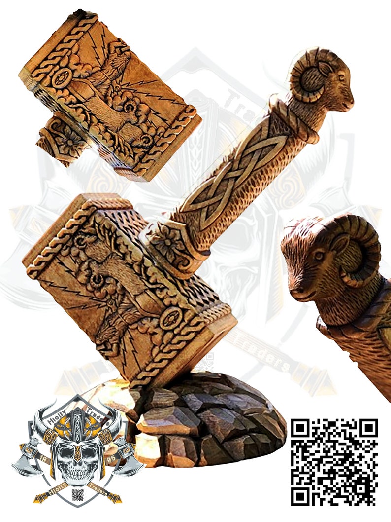 Visage de chèvre en bois fait main Ragnar Mjolnir sculpté, marteau de Thor, dieu nordique, Asatru, marteau de Thor Cosplay Thunder Hammer cadeau pour lui, hachette image 1