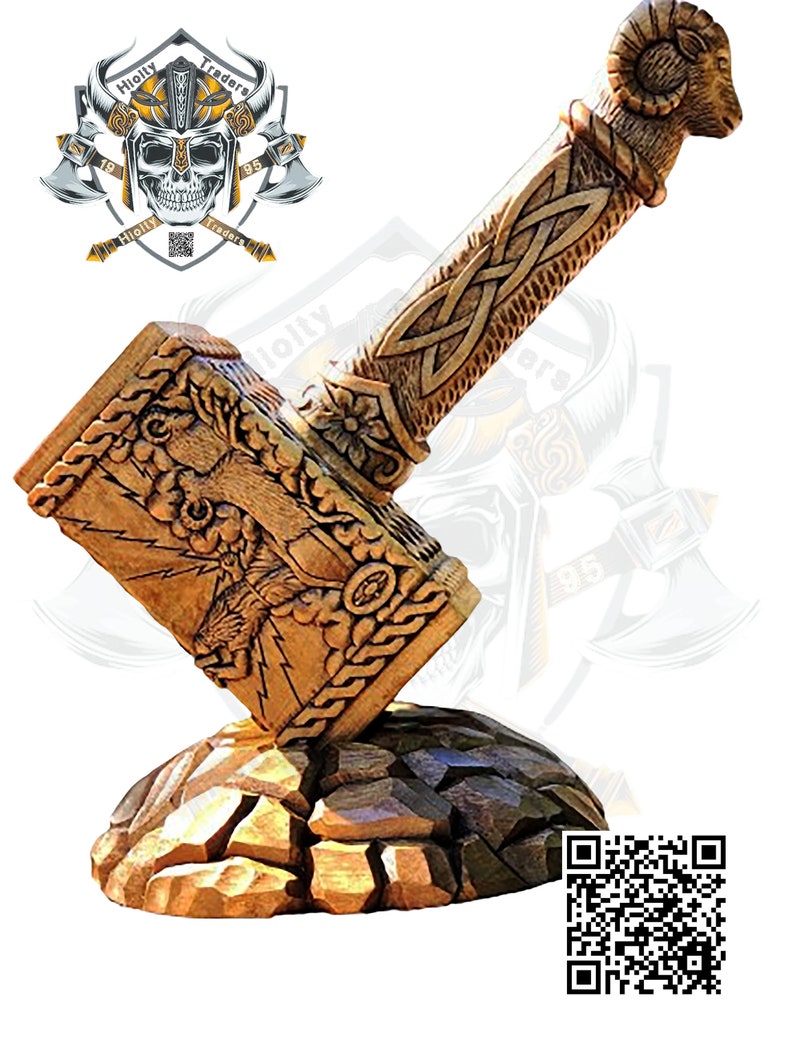 Cara de cabra de madera hecha a mano tallada Ragnar Mjolnir, Martillo de Thor, Dios nórdico, Asatru, Thor Hammer Cosplay Thunder Hammer Regalo para él, Hacha Warrior