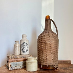 Beautiful Large Antique Brown/Amber Glass Blob Top Wicker Wrapped Demijohn Bottle (Some Wicker Damage) -  Wicker Demijohn, Antique Bottle