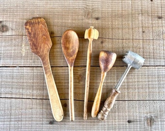 Beautiful Set of Five Vintage/Antique Primitive Wooden Kitchen Tools - Spatula, Spoon, Hand Whisk, Mini Masher/Pestle & Tenderizer
