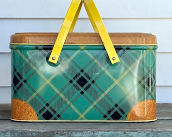 Vintage Tin Plaid Picnic Basket in Teal Colorway With Yellow Hard Plastic Handles (Rust/Wear on Lid) - Plaid Picnic Basket, Metal Basket