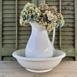 Beautiful Rare Matching Cockson & Seddon Antique English Ironstone Pitcher and Bason Set  - White Ironstone, Cottage, Neutral Décor