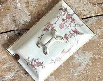 Beautiful Antique Ironstone Transferware Lid With Pink & Brown Floral Design - Antique Transferware, Cottage Core