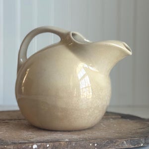 Vintage Stained Ceramic Tilt Ball Pitcher – Stained & Crazed Pottery, Ice Catch Spout, Neutral Home Decor