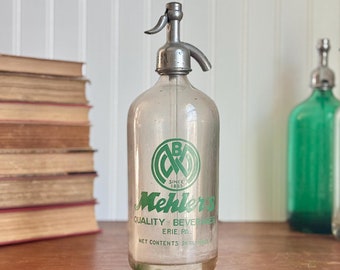 Vintage Glass Seltzer Bottle/Soda Siphon, Green Advertising - Mehler's Quality Beverages Erie, PA - St. Patrick's Day Bar