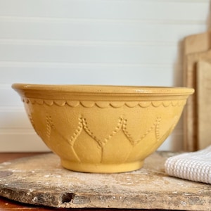 Rare 1800s Antique Large 12.5&quot; Molded Yellow Ware Mixing Bowl With Gorgeous Design - Antique Yellow Ware Bowl, Farmhouse, Country Kitchen