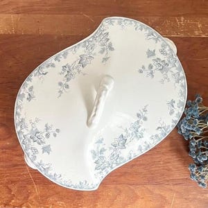 Antique Johnson Brothers Blue-Grey Transferware Lidded Serving Dish in the “Hop” Pattern - Antique Transferware