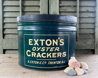 Awesome Large Vintage Exton's Oyster Crackers Advertising Tin (Blue-Green) - Summer Décor, Beach House Décor, Vintage Advertising Tin