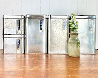 Amazing Set of Five 1950s MCM Lincoln Beautyware Chrome Canisters With Fantastic Art Deco Style - Kitchen Canisters, Kitchen Décor