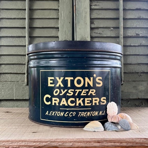 Awesome Large Vintage Exton's Oyster Crackers Advertising Tin (Dark Blue) - Summer Décor, Beach House Décor, Vintage Advertising Tin