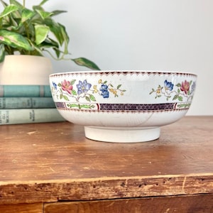 Gorgeous Late 1800s Antique Large Spode Footed Porcelain Transferware Serving Bowl, Heavily Stained & Crazed (With Hairlines)