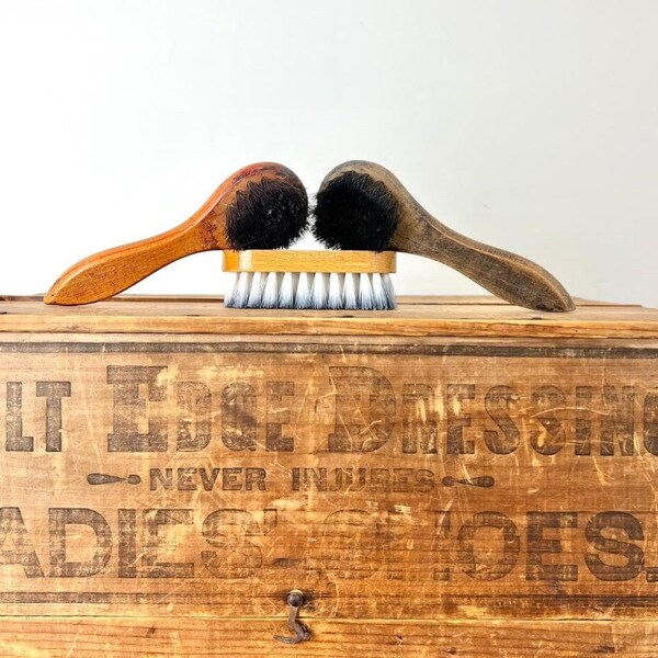 Sweet Little Trio of Vintage Mix & Match Wood Shoe Shine Brushes (One Made in England) - Vintage Brushes, Crock Filler, Farmhouse, Cottage