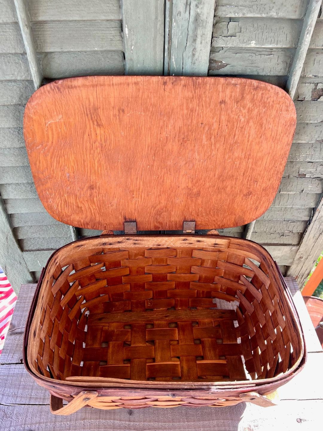 Vintage Woven Wood Picnic Basket – Two-tone Design, Split Wood