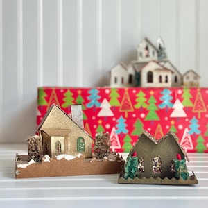 Sweet Pair of Vintage Cardboard Putz Houses, Green & Gold - Set of 2 - Vintage Putz Houses, Vintage Christmas, MCM Christmas
