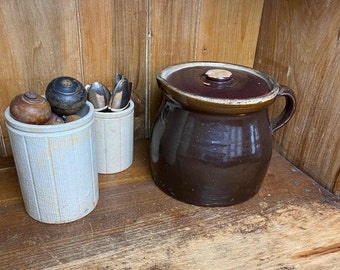 Vintage Stoneware Jug Pot With Stoneware Lid, Rich Chocolate Brown - Farmhouse, French Country, Vintage Jug, Vintage Pot
