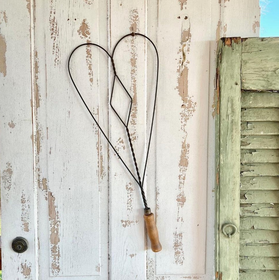 Vintage Primitive Heart Shaped Rug Beater, Twisted Wire With Wood