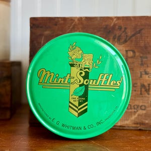 Vintage E.G. Whitman & Co Min Souffles Candy Tin in Gorgeous Green - Vintage Candy Tin, Vintage Advertising, Vintage Confections