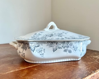 Beautiful and Unique Antique Johnson Brothers Blue-Grey Transferware Lidded Serving Dish in the “Hop” Pattern - Antique Transferware