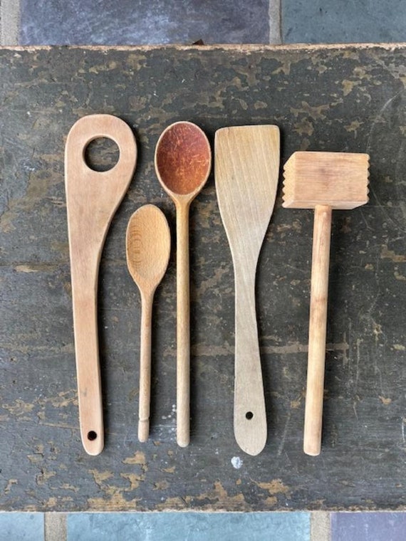 Primitive Wooden Utensil Set Set of 5 Farmhouse, French Country, Kitchen  Utensils, Wooden Spoons 