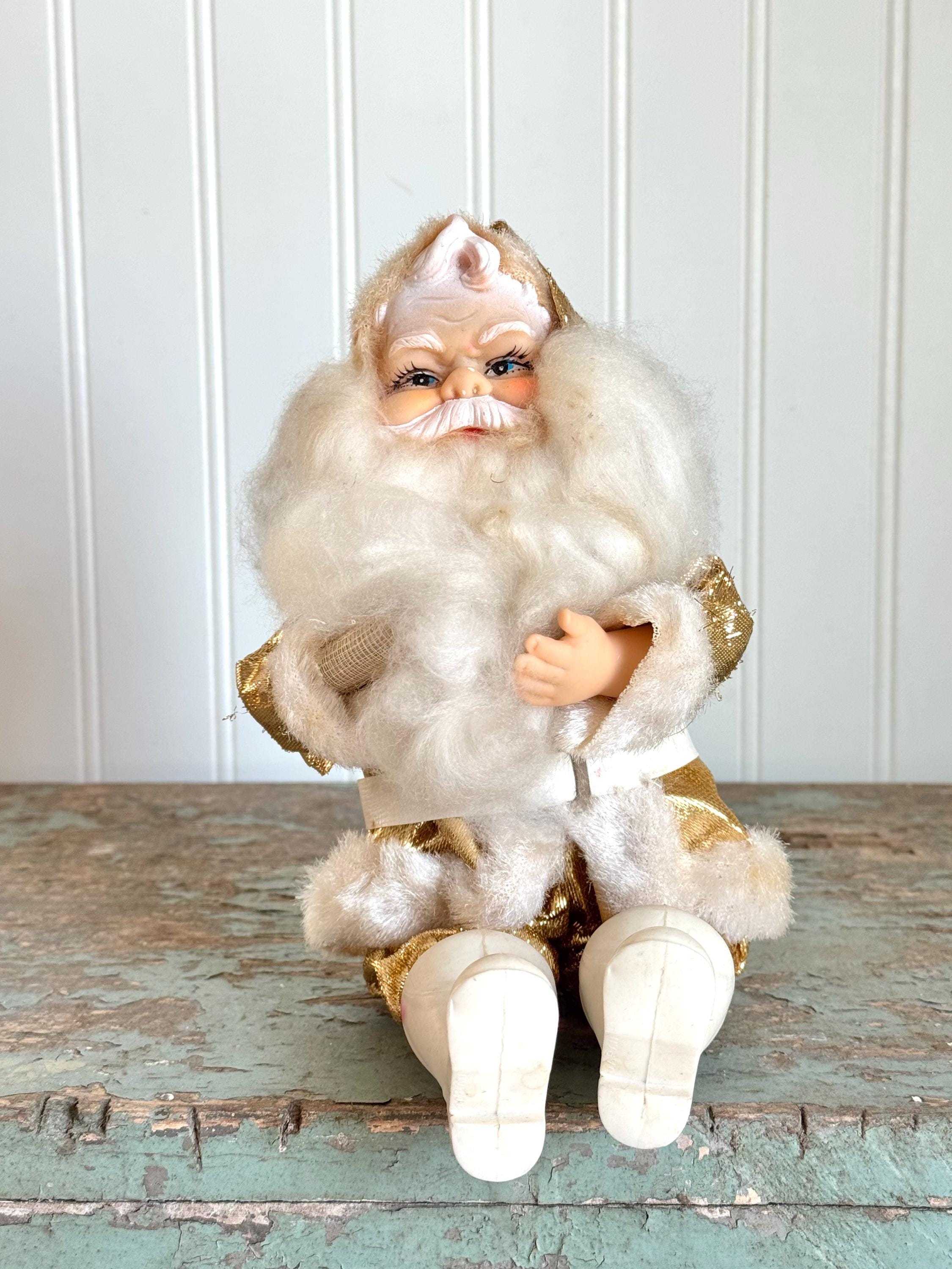 Vintage Rubber Face Santa Doll in Rare Gold Glitter Suit & White