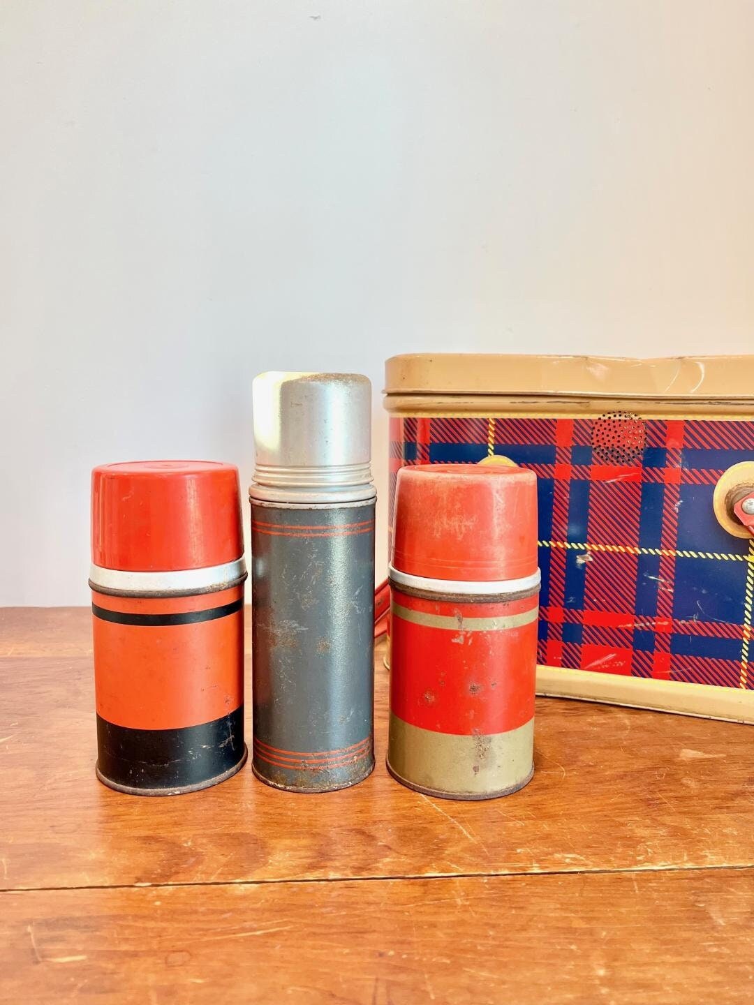 Vintage Striped Thermos With Cork and Stackable Cups 