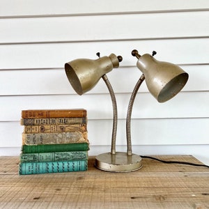 Awesome Vintage Metal Double Gooseneck Lamp in Chippy Light Bronze (WORKS) - Vintage Office Décor, Vintage Lamp, Desk Lamp, Study Décor, MCM