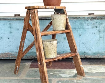 Vintage Weathered & Worn Wooden Stepladder With Paint Splatter and Crossback - Wood Stepladder, Planter Holder, Vintage Ladder