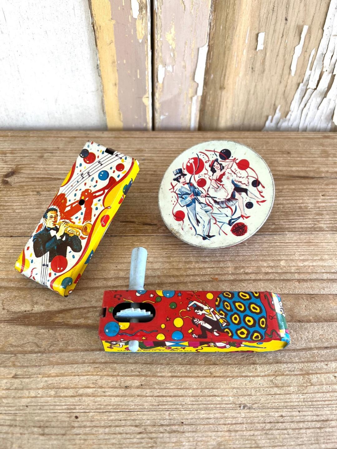 Vintage Metal Noisemakers - Us Toy Mfg Co., Set Of 3
