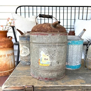 Awesome Vintage Galvanized Metal Fuel Can, Red Stripes & Partial Old Paper Label - Farmhouse, Primitive, Industrial, Petroliana