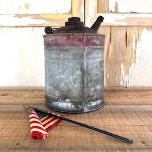 Vintage Galvanized Metal Fuel / Kerosene / Gas Can With Red Stripes - Farmhouse, Primitive, Industrial, Rustic, Patriotic, Porch Décor