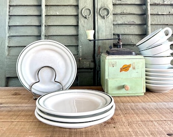 Set of Four Vintage Chunky Restaurant Ware Ironstone Green Stripe Bread & Butter Plates, Sterling / Jackson -  Vintage Ironstone, Diner Ware