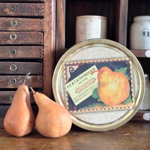 May include: Two ripe, orange-brown pears with stems rest beside a vintage tin featuring a pear illustration and the text "H.K. & F.B. Thurber & Co. New York California Bartlett Pear". The tin has a gold rim.