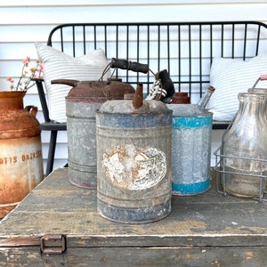 Awesome Vintage Galvanized Metal Fuel Can, Blue Stripes & Partial Old Paper Label - Farmhouse, Primitive, Industrial, Petroliana